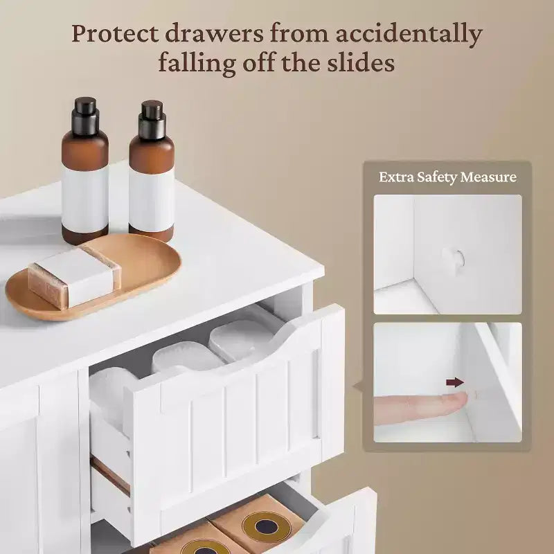 Mobiletto da terra in legno bianco con 4 cassetti e 1 anta, consolle freestanding per ingresso, organizer da bagno