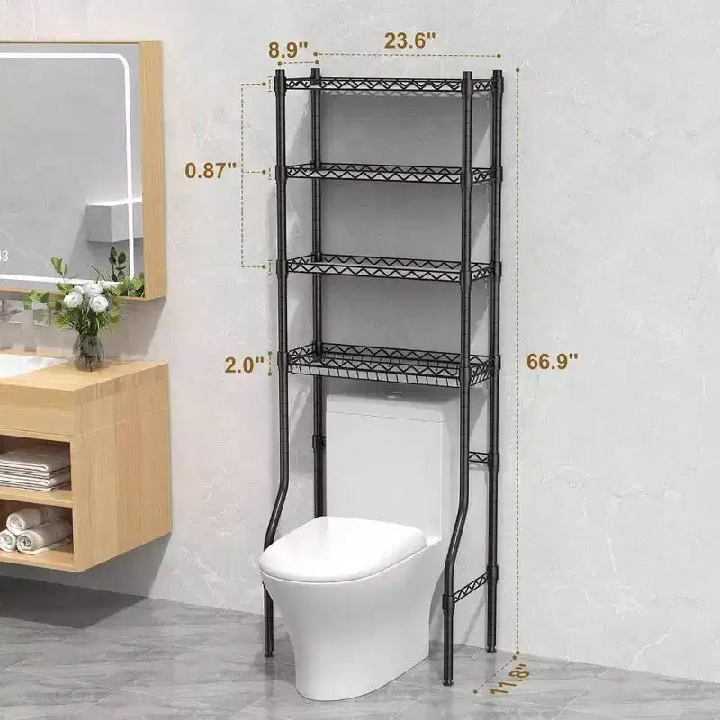 Scaffale portaoggetti da bagno a 4 ripiani sopra il WC con ripiano regolabile e cestello, organizer salvaspazio nero