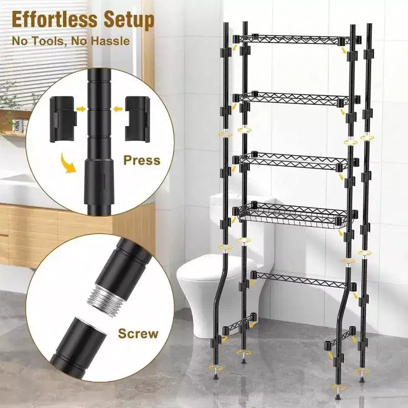 Scaffale portaoggetti da bagno a 4 ripiani sopra il WC con ripiano regolabile e cestello, organizer salvaspazio nero