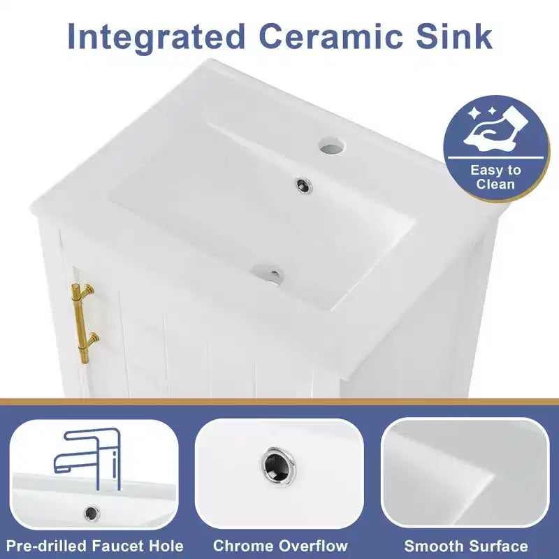 MAYEERTY 20 Mobile Bagno con Lavabo Anta con Chiusura Ammortizzata Ripiano Portaoggetti Ripiano Aperto Bianco