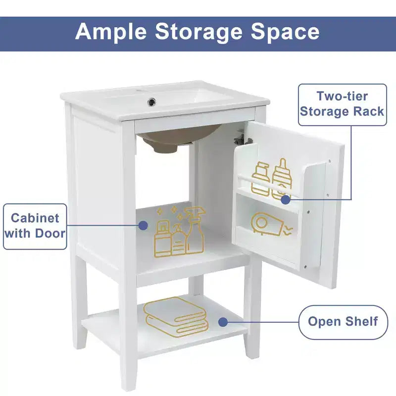 MAYEERTY 20 Mobile Bagno con Lavabo Anta con Chiusura Ammortizzata Ripiano Portaoggetti Ripiano Aperto Bianco