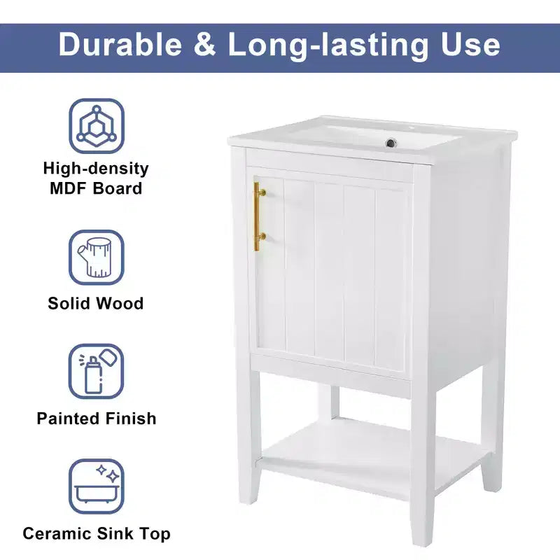 MAYEERTY 20 Mobile Bagno con Lavabo Anta con Chiusura Ammortizzata Ripiano Portaoggetti Ripiano Aperto Bianco