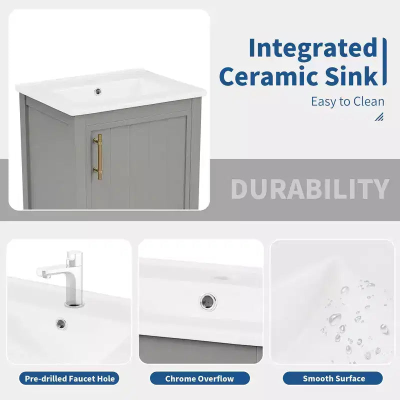 MAYEERTY 20 Mobile Bagno con Lavabo Anta con Chiusura Ammortizzata Ripiano Portaoggetti Ripiano Aperto Bianco