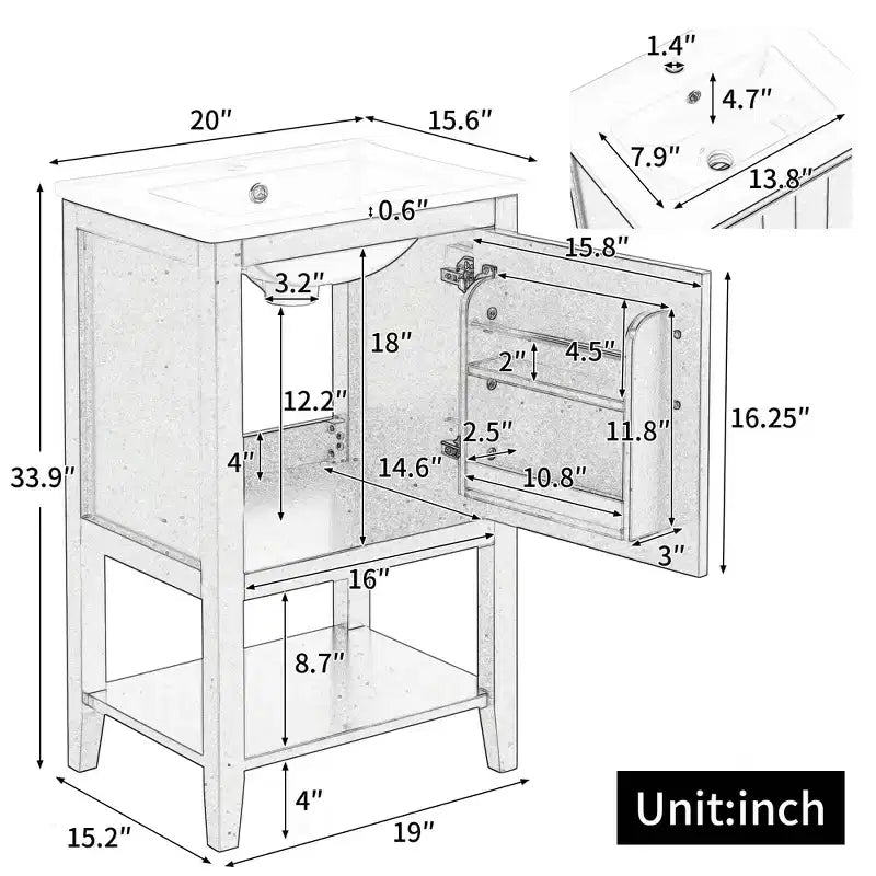 MAYEERTY 20 Mobile Bagno con Lavabo Anta con Chiusura Ammortizzata Ripiano Portaoggetti Ripiano Aperto Bianco