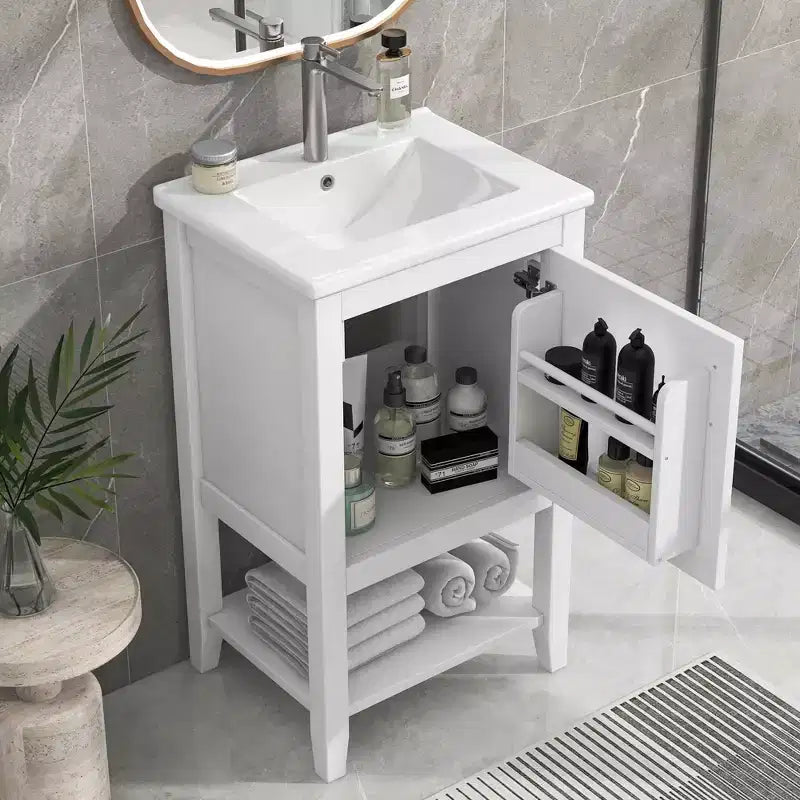 MAYEERTY 20 Mobile Bagno con Lavabo Anta con Chiusura Ammortizzata Ripiano Portaoggetti Ripiano Aperto Bianco
