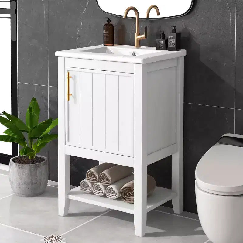 MAYEERTY 20 Mobile Bagno con Lavabo Anta con Chiusura Ammortizzata Ripiano Portaoggetti Ripiano Aperto Bianco