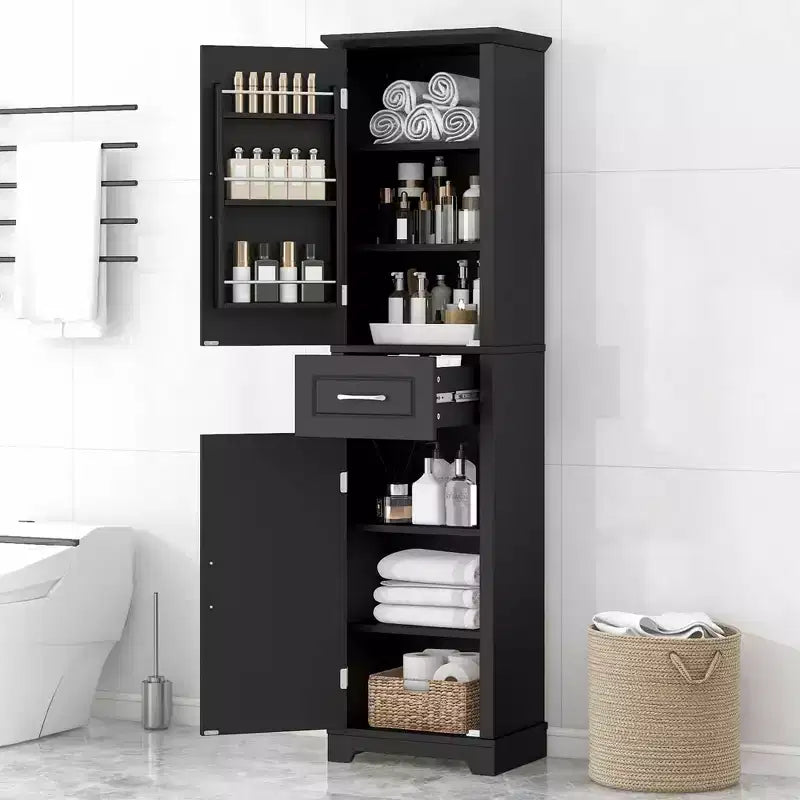 MAYEERTY Mobile Alto da Bagno a 2 Ante con Ripiani Regolabili Ripiano sulla Porta in MDF Verniciato Nero