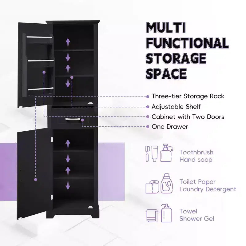 MAYEERTY Mobile Alto da Bagno a 2 Ante con Ripiani Regolabili Ripiano sulla Porta in MDF Verniciato Nero