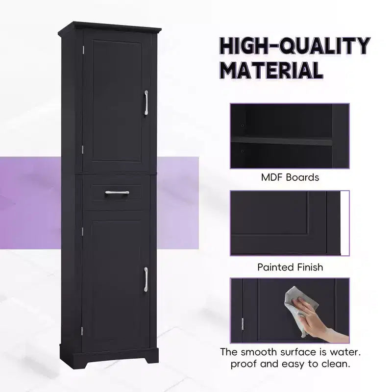 MAYEERTY Mobile Alto da Bagno a 2 Ante con Ripiani Regolabili Ripiano sulla Porta in MDF Verniciato Nero