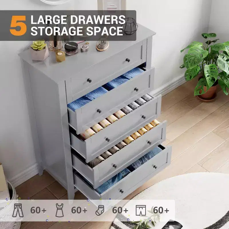 Cassettiera a 5 cassetti per camera da letto, comò in legno da 80 cm con manopole in metallo, comodino alto, organizzatore per vestiti per camera da letto