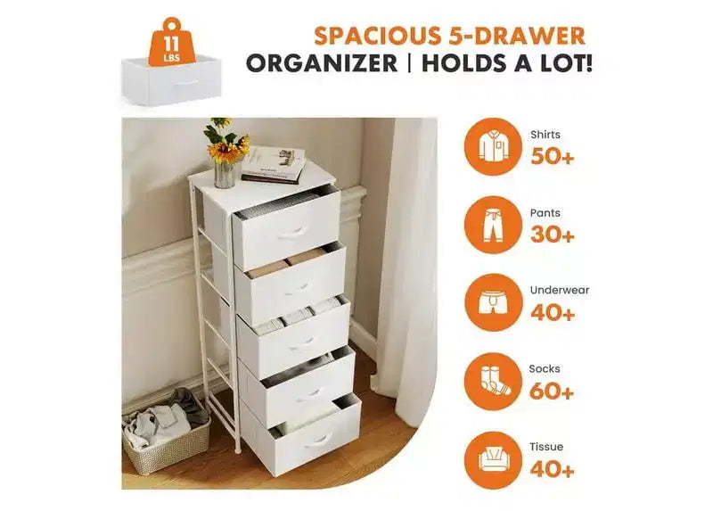 Cassettiera in tessuto a 5 cassetti JIONJOY - Struttura in metallo, parte superiore in legno, mobile TV per riporre vestiti (soggiorno, corridoio, ingresso)