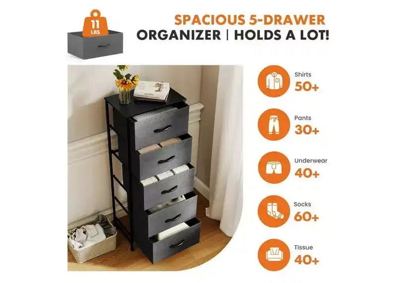 Cassettiera in tessuto a 5 cassetti JIONJOY - Struttura in metallo, parte superiore in legno, mobile TV per riporre vestiti (soggiorno, corridoio, ingresso)