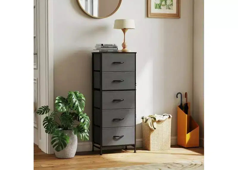 Cassettiera in tessuto a 5 cassetti JIONJOY - Struttura in metallo, parte superiore in legno, mobile TV per riporre vestiti (soggiorno, corridoio, ingresso)