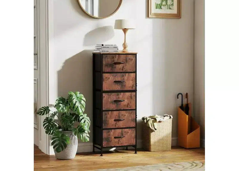 Cassettiera in tessuto a 5 cassetti JIONJOY - Struttura in metallo, parte superiore in legno, mobile TV per riporre vestiti (soggiorno, corridoio, ingresso)