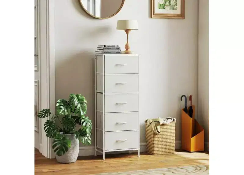 Cassettiera in tessuto a 5 cassetti JIONJOY - Struttura in metallo, parte superiore in legno, mobile TV per riporre vestiti (soggiorno, corridoio, ingresso)