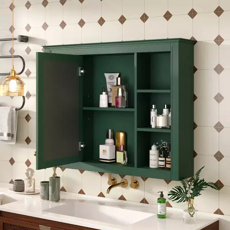 MAYEERTY 27.5 Mobiletto dei Medicinali, Mobiletto da Bagno da Parete con Specchio 6 Ripiani Aperti Moderno Verde