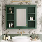 MAYEERTY 27.5 Mobiletto dei Medicinali, Mobiletto da Bagno da Parete con Specchio 6 Ripiani Aperti Moderno Verde