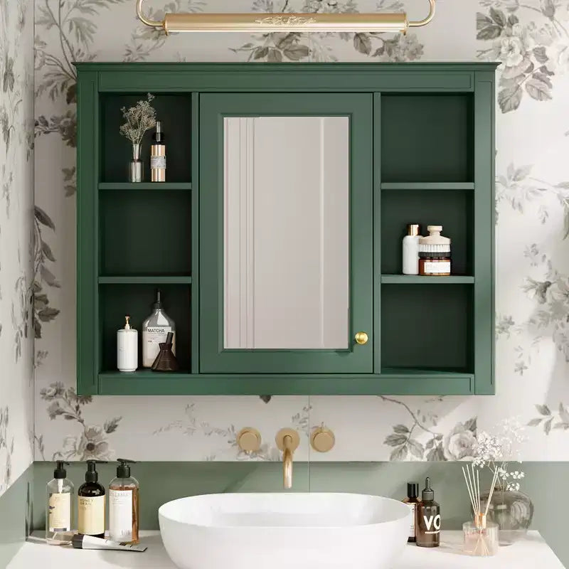 MAYEERTY 27.5 Mobiletto dei Medicinali, Mobiletto da Bagno da Parete con Specchio 6 Ripiani Aperti Moderno Verde