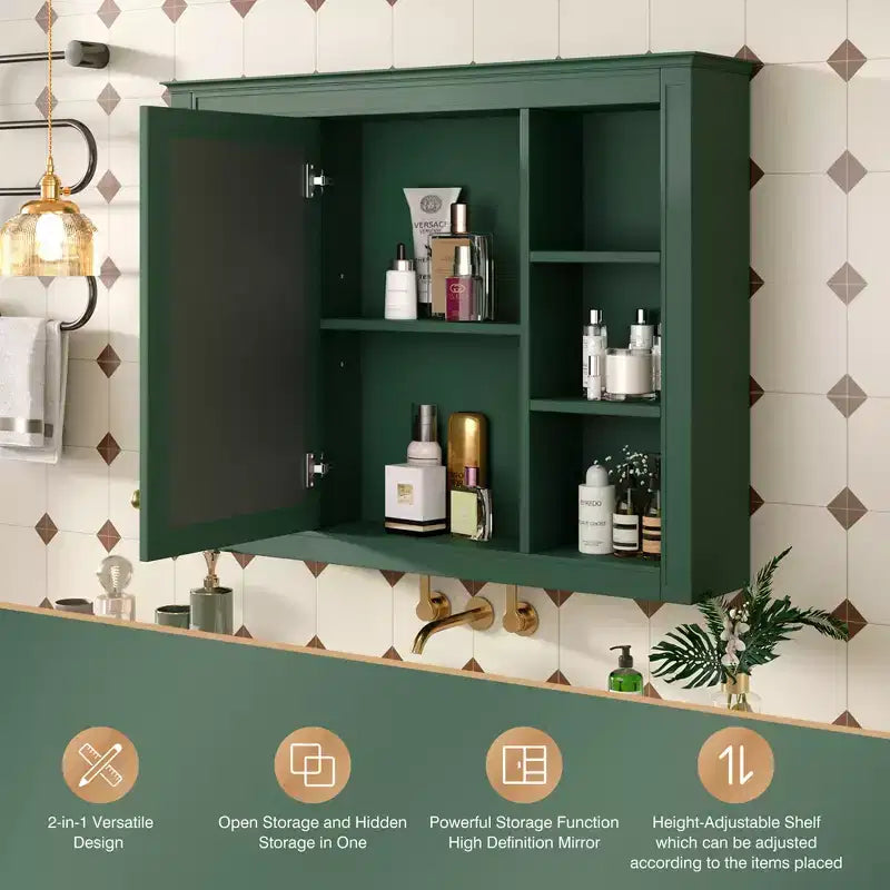 MAYEERTY 27.5 Mobiletto dei Medicinali, Mobiletto da Bagno da Parete con Specchio 6 Ripiani Aperti Moderno Verde