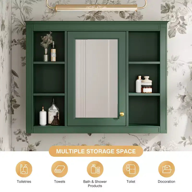 MAYEERTY 27.5 Mobiletto dei Medicinali, Mobiletto da Bagno da Parete con Specchio 6 Ripiani Aperti Moderno Verde