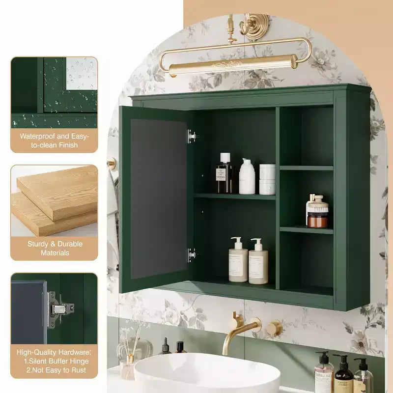 MAYEERTY 27.5 Mobiletto dei Medicinali, Mobiletto da Bagno da Parete con Specchio 6 Ripiani Aperti Moderno Verde