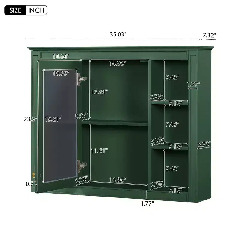 MAYEERTY 27.5 Mobiletto dei Medicinali, Mobiletto da Bagno da Parete con Specchio 6 Ripiani Aperti Moderno Verde