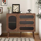 GDFStudio Delyra Vintage Wooden Glass Accent Cabinet with 3 Drawers and 1 Door