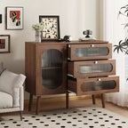 GDFStudio Delyra Credenza con accenti in legno e vetro in stile vintage, con 3 cassetti e 1 anta