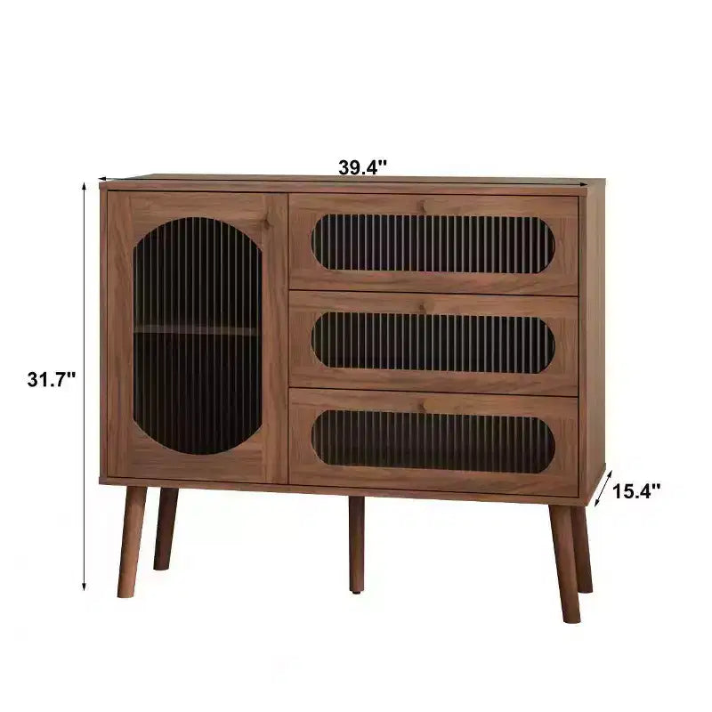 GDFStudio Delyra Credenza con accenti in legno e vetro in stile vintage, con 3 cassetti e 1 anta