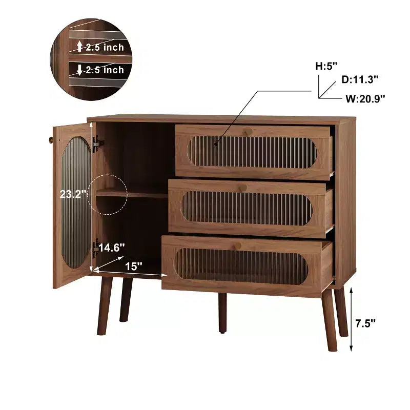 GDFStudio Delyra Credenza con accenti in legno e vetro in stile vintage, con 3 cassetti e 1 anta