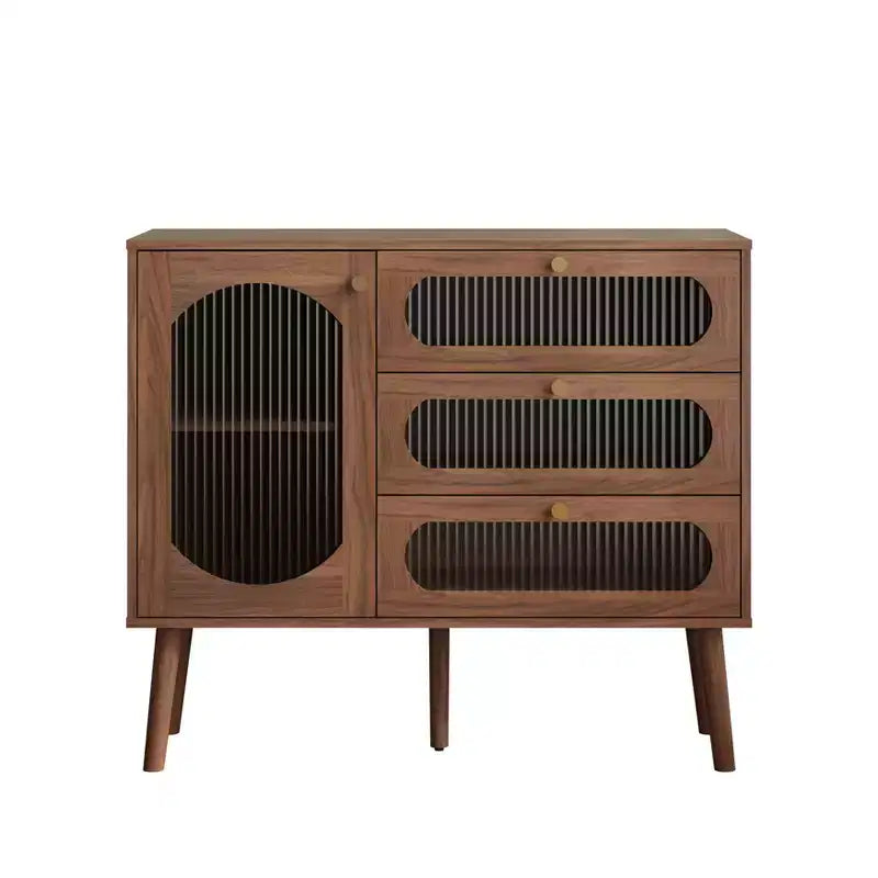 GDFStudio Delyra Credenza con accenti in legno e vetro in stile vintage, con 3 cassetti e 1 anta