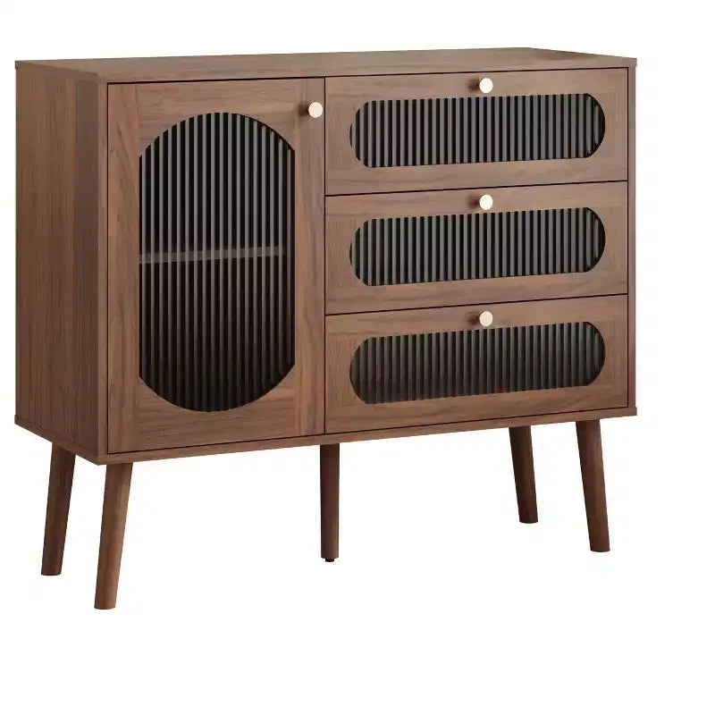 GDFStudio Delyra Credenza con accenti in legno e vetro in stile vintage, con 3 cassetti e 1 anta