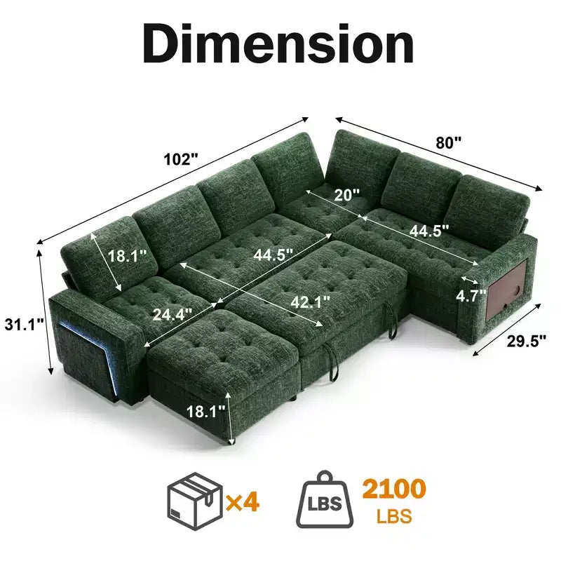 Dyonery Divano letto modulare sezionale a 7 posti a L/Divano letto estraibile/Schienale reclinabile/Porte USB/Tavolo/Luce LED Montaggio senza attrezzi, ciniglia nera