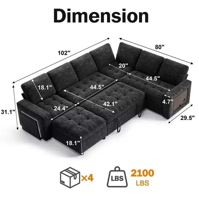 Dyonery Divano letto modulare sezionale a 7 posti a L/Divano letto estraibile/Schienale reclinabile/Porte USB/Tavolo/Luce LED Montaggio senza attrezzi, ciniglia nera
