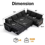 Dyonery Divano letto modulare sezionale a 7 posti a L/Divano letto estraibile/Schienale reclinabile/Porte USB/Tavolo/Luce LED Montaggio senza attrezzi, ciniglia nera