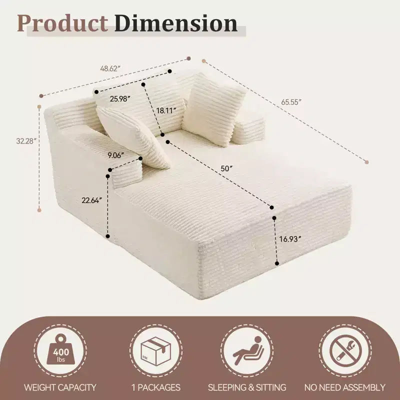 Poltrona con penisola Efomao 66inx48in, sedia lunga da interno moderna imbottita in velluto a coste, divano letto a seduta profonda con braccioli, nessun assemblaggio richiesto, beige