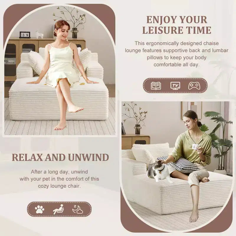Poltrona con penisola Efomao 66inx48in, sedia lunga da interno moderna imbottita in velluto a coste, divano letto a seduta profonda con braccioli, nessun assemblaggio richiesto, beige