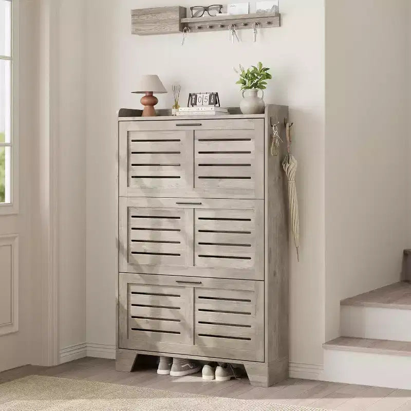 Freestanding Shoe Storage Cabinet with 3 Flip-Down Doors. Hidden Organizer for Entryway, Holds Multiple Pairs, Farmhouse Style with Side Hooks.