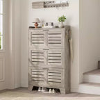 Freestanding Shoe Storage Cabinet with 3 Flip-Down Doors. Hidden Organizer for Entryway, Holds Multiple Pairs, Farmhouse Style with Side Hooks.
