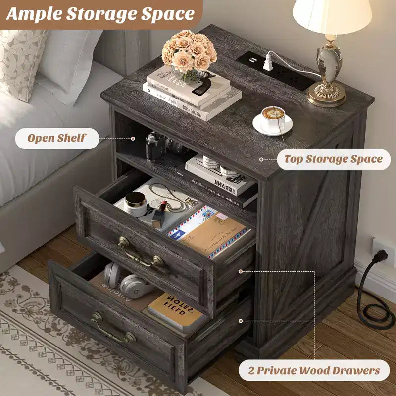 Besiost Farmhouse Armadio Contenitore Set di 2, Comodini con Stazione di Ricarica e Cassetto