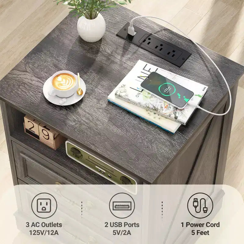 Besiost Farmhouse Armadio Contenitore Set di 2, Comodini con Stazione di Ricarica e Cassetto