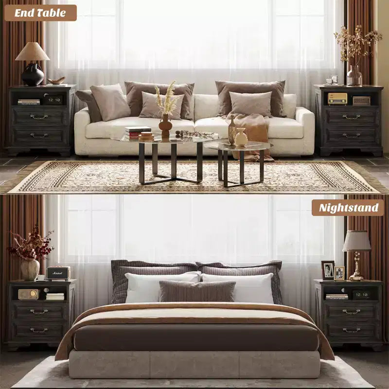 Besiost Farmhouse Armadio Contenitore Set di 2, Comodini con Stazione di Ricarica e Cassetto