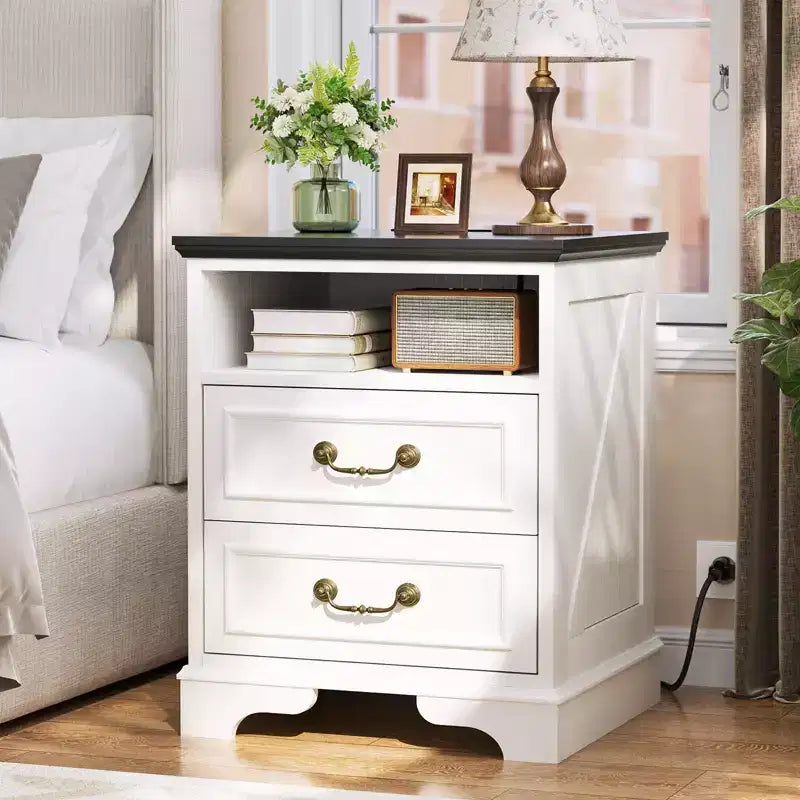 Besiost Farmhouse Armadio Contenitore Set di 2, Comodini con Stazione di Ricarica e Cassetto