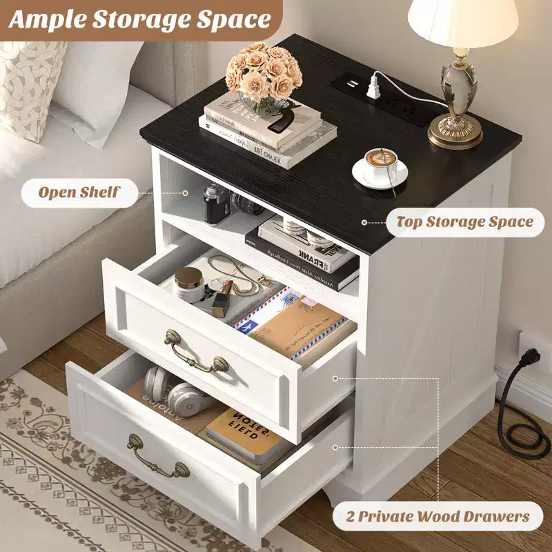 Besiost Farmhouse Armadio Contenitore Set di 2, Comodini con Stazione di Ricarica e Cassetto