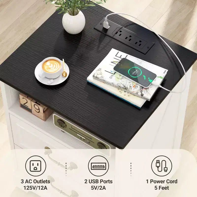 Besiost Farmhouse Armadio Contenitore Set di 2, Comodini con Stazione di Ricarica e Cassetto