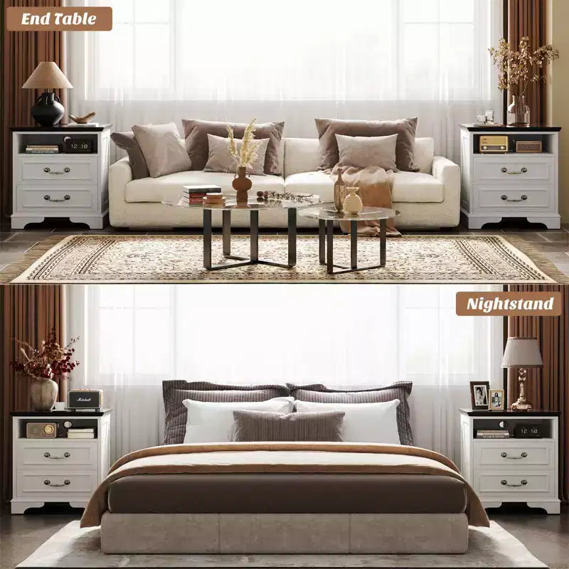 Besiost Farmhouse Armadio Contenitore Set di 2, Comodini con Stazione di Ricarica e Cassetto