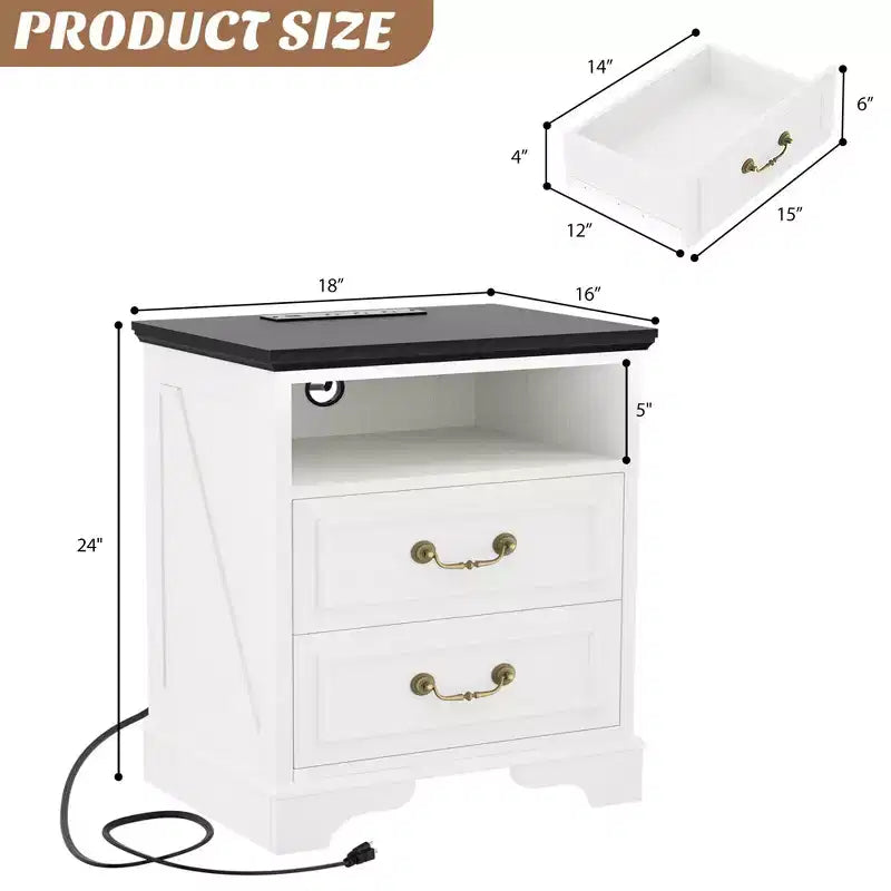 Besiost Farmhouse Armadio Contenitore Set di 2, Comodini con Stazione di Ricarica e Cassetto