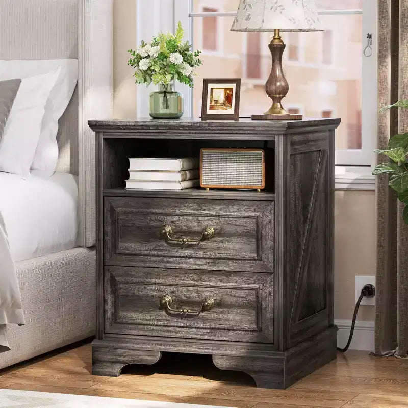 Besiost Farmhouse Armadio Contenitore Set di 2, Comodini con Stazione di Ricarica e Cassetto