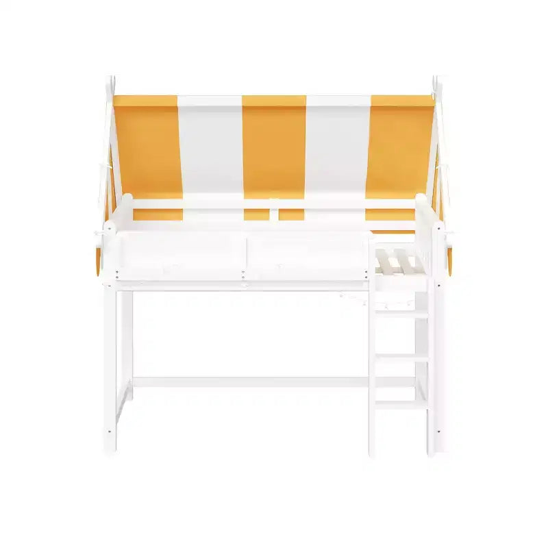 Letto a soppalco singolo Whisen e struttura letto con baldacchino, libreria e ringhiera a tutta lunghezza