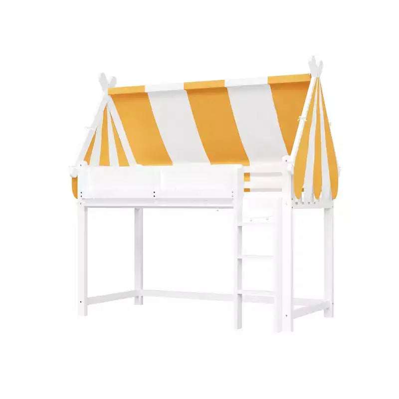 Letto a soppalco singolo Whisen e struttura letto con baldacchino, libreria e ringhiera a tutta lunghezza